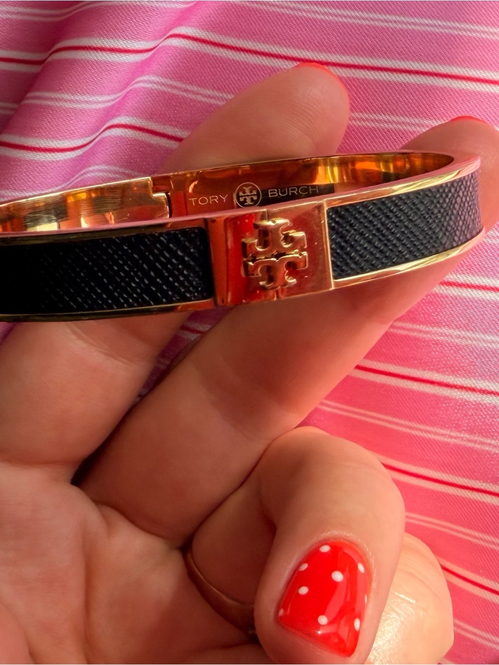 Tory Burch Black and Gold Logo Hinged Bangle Bracelet